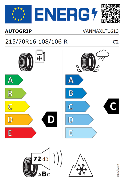 Tyre Label for Autogrip Vanmax 215/70R16 108/106R