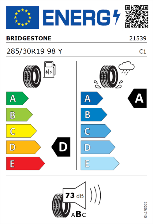 Tyre Label for Bridgestone Potenza Sport 285/30R19 98Y