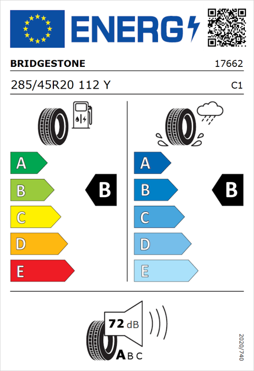 Tyre Label for Bridgestone Potenza Sport 285/45R20 112Y