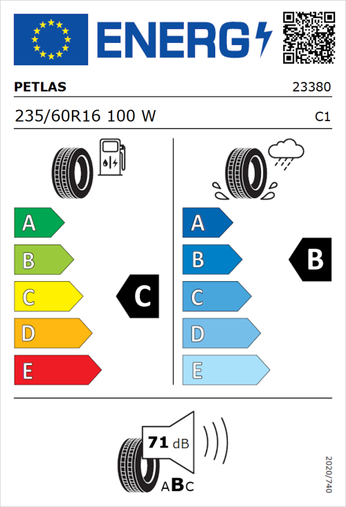 Tyre Label for Petlas Velox Sport PT741 235/60R16 100W