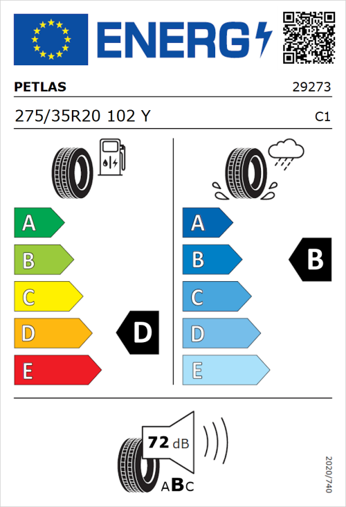 Tyre Label for Petlas Velox Sport PT741 275/35R20 102Y