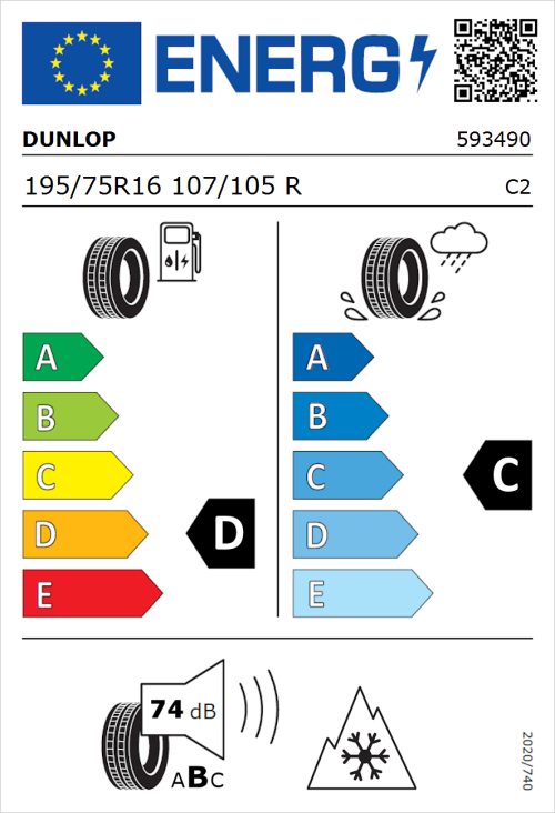 Tyre Label for Dunlop Econodrive A/S 195/75R16 107/105R