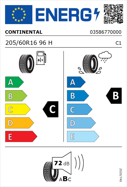 Tyre Label for Continental ContiPremiumContact 2 Seal 205/60R16 96H